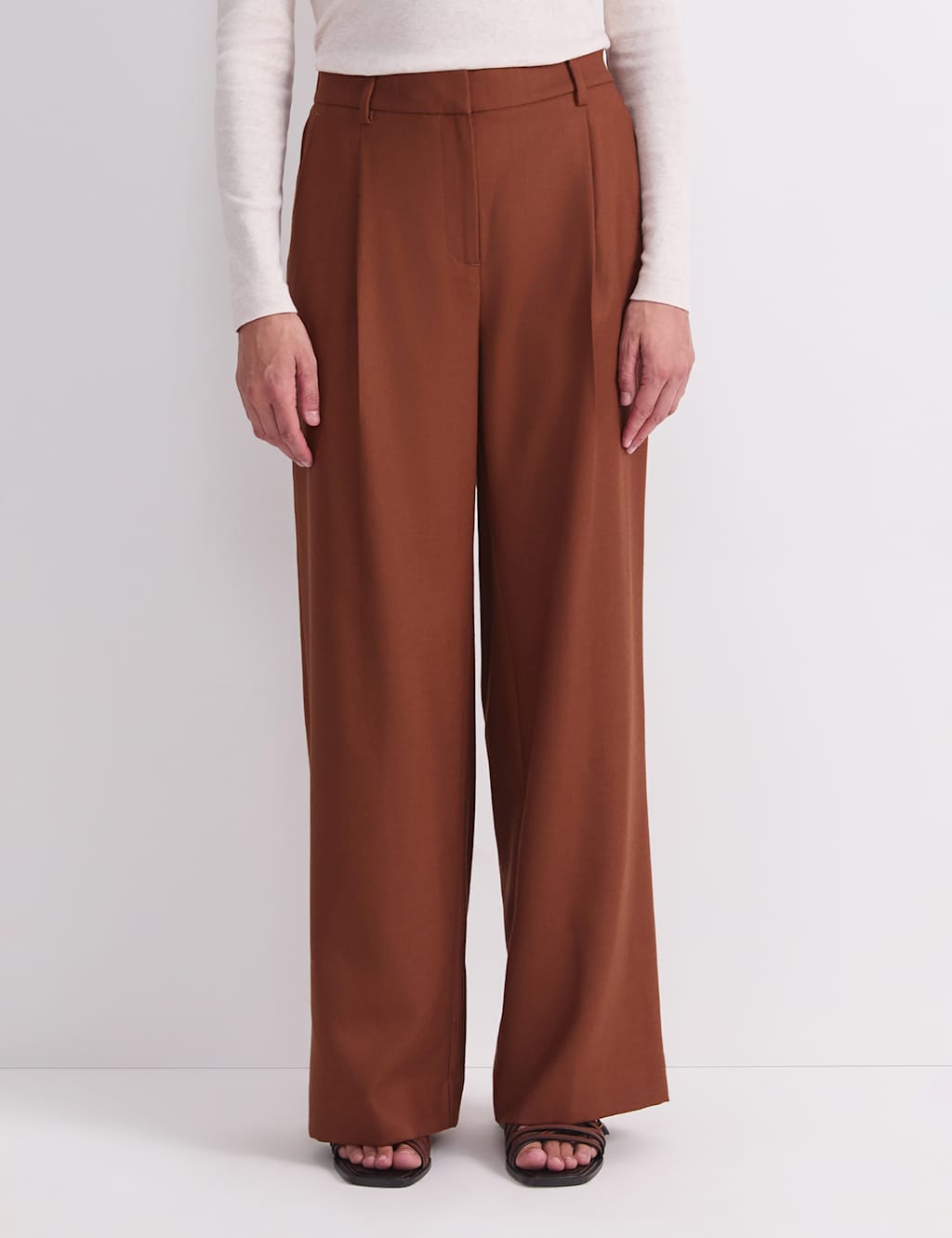 Sportscraft Women's Wool Rich Pleat Front Straight Leg Trousers - 12 - Brown - Available at M&S