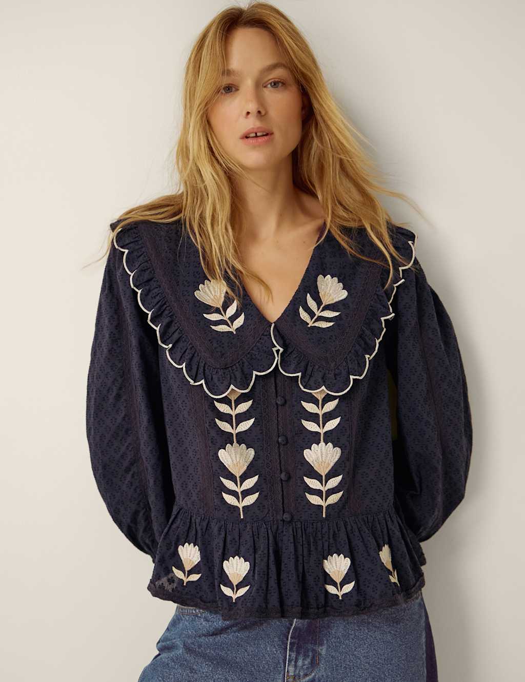 Monsoon Women's Pure Cotton Tulip Embroidered Collared Blouse - 22 - Navy Mix - Available at M&S