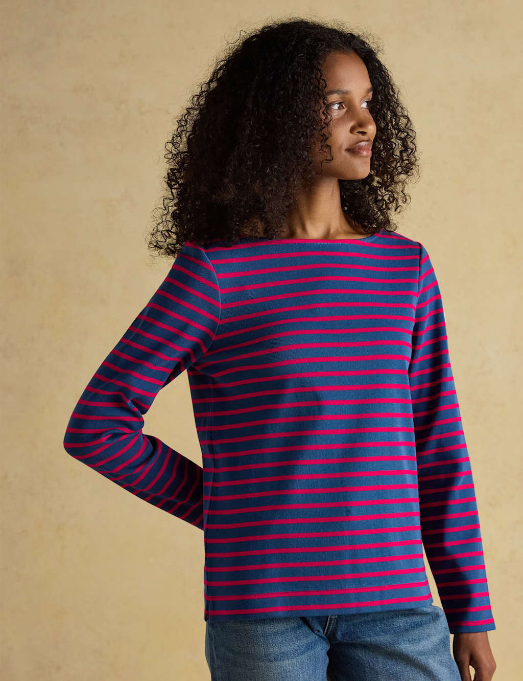 Joules Pure Cotton Striped Slash Neck Top Red Mix