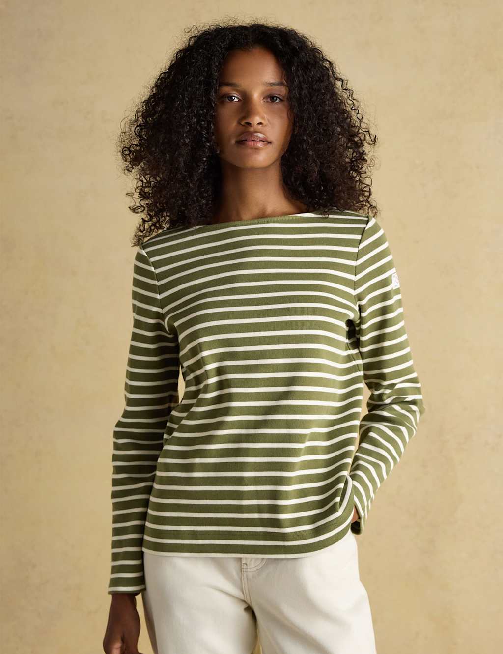 Joules Pure Cotton Striped Slash Neck Top Green Mix