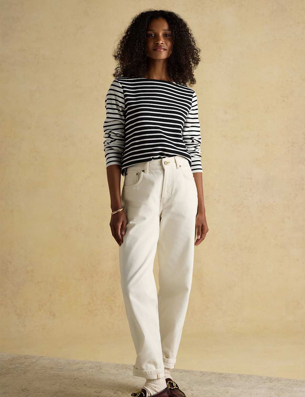 Joules Pure Cotton Striped Slash Neck Top Black Mix