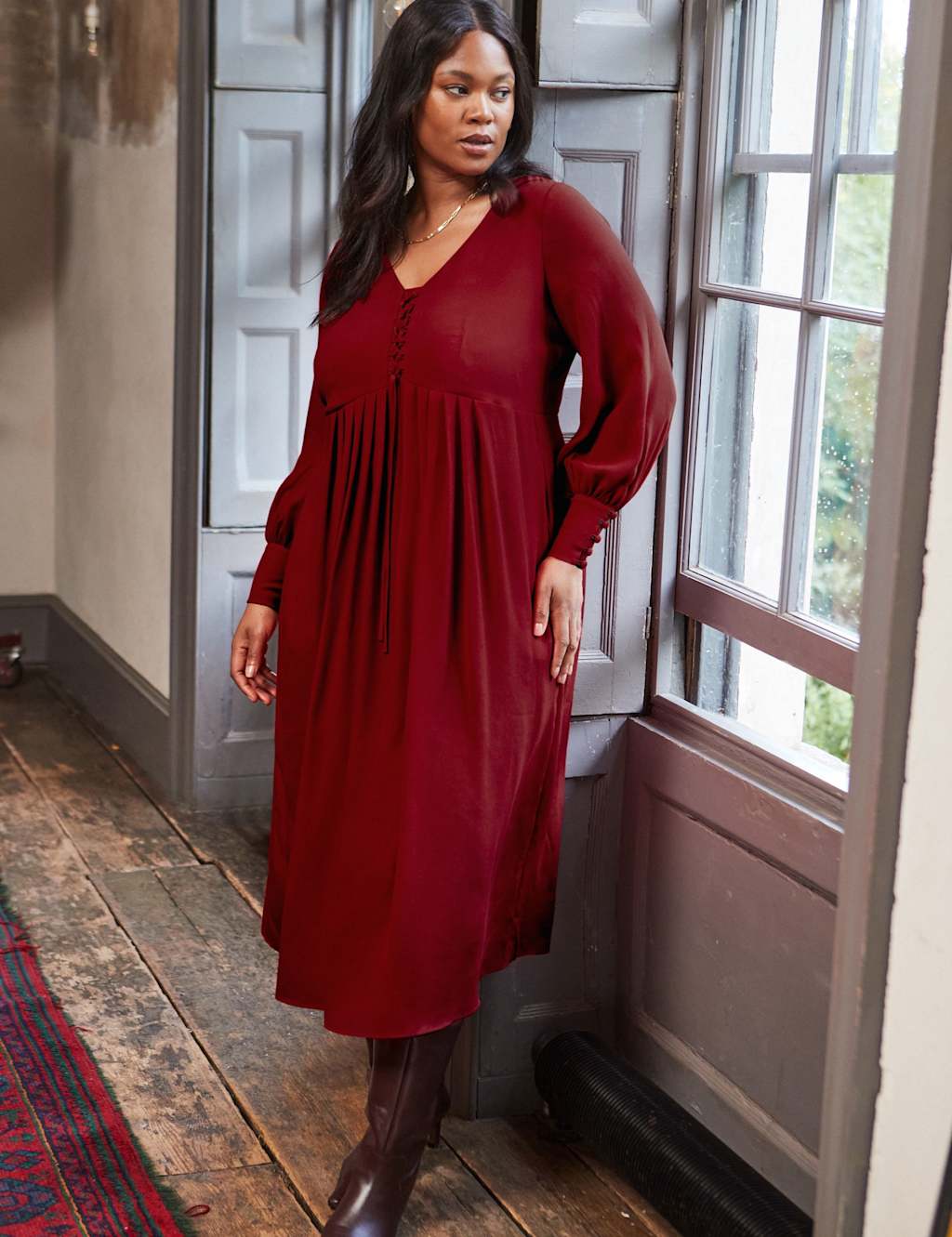 Live Unlimited London V-Neck Midaxi Tea Dress Dark Red