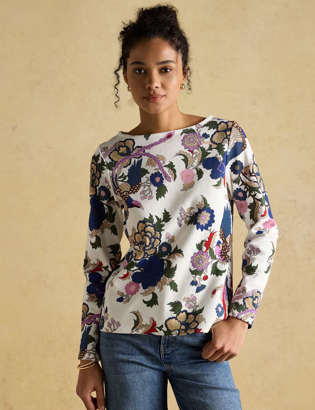 Joules Pure Cotton Floral Slash Neck Top Cream Mix