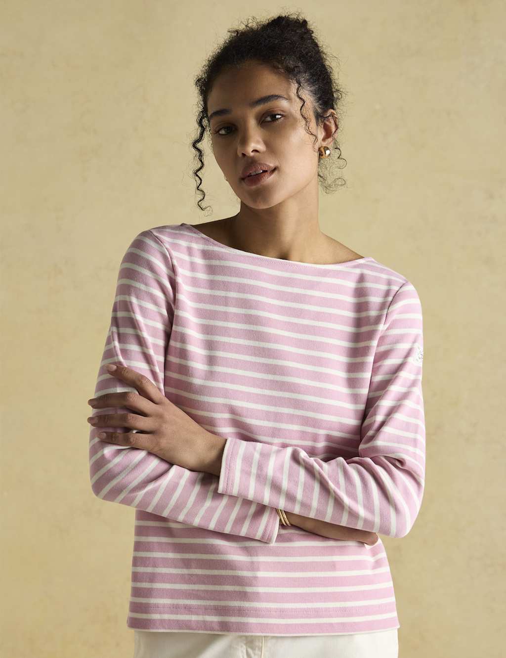Joules Pure Cotton Striped Slash Neck Top Pink Mix