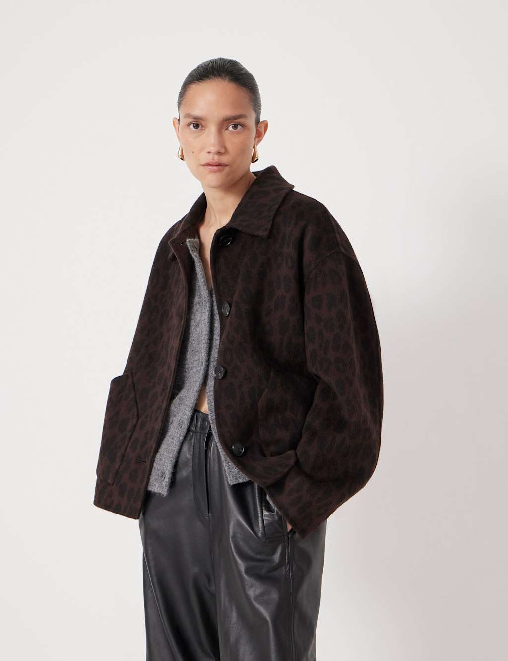 HUSH Pure Wool Leopard Print Double Faced Jacket Brown Mix