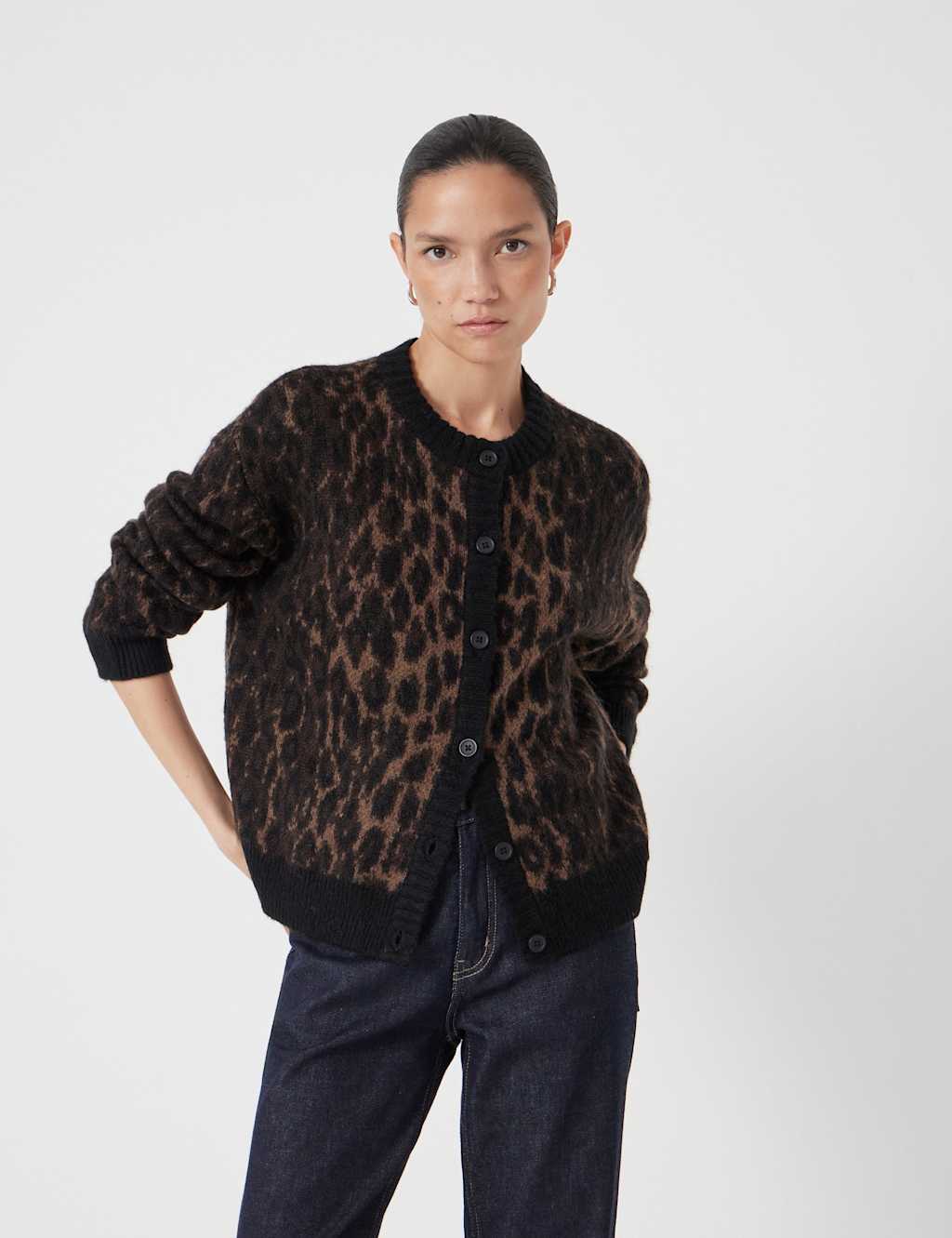 HUSH Animal Print Crew Neck Cardigan with Wool Black Mix
