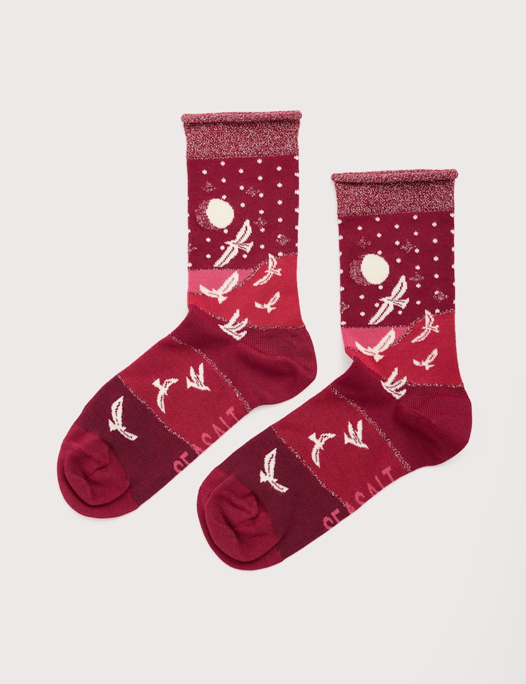 Seasalt Cornwall Snowy Scene Birds Sparkle Ankle High Socks Red Mix