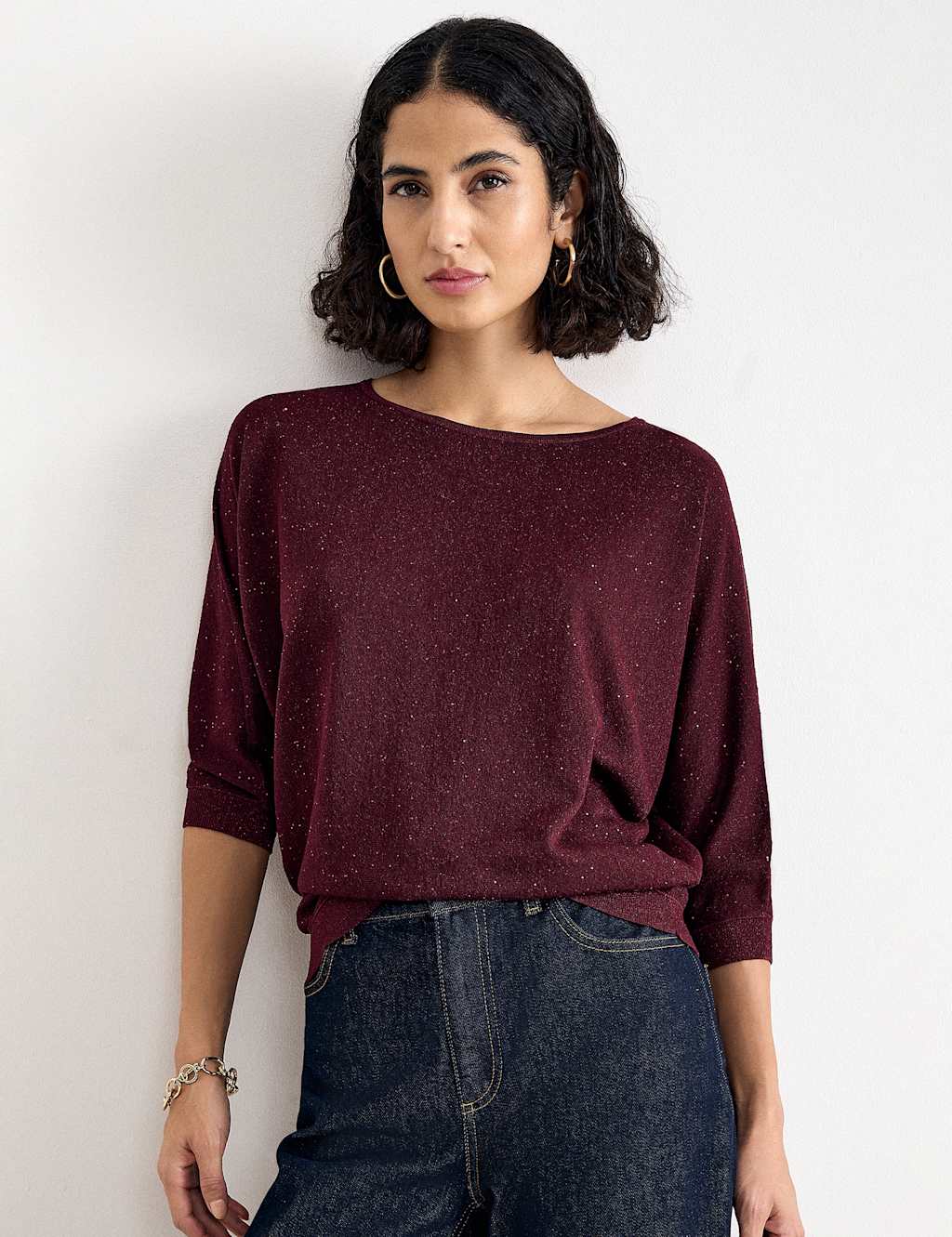 Phase Eight Women's Sequin Slash Neck Batwing Sleeve Jumper - Large - Burgundy - Available at M&S