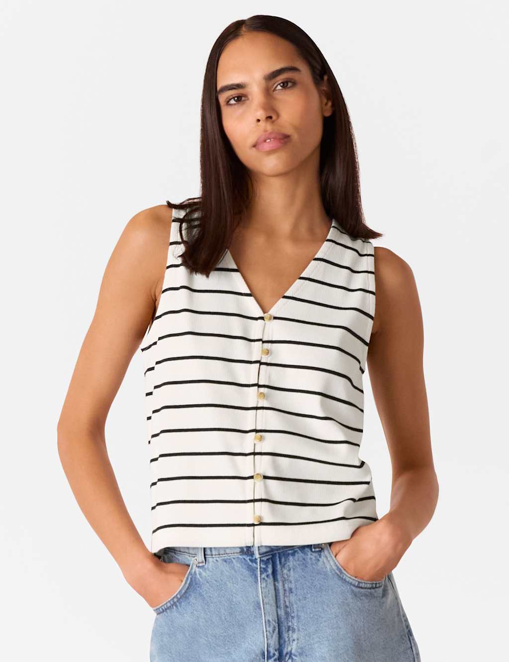Cotton Rich Striped Button Through Tank Top