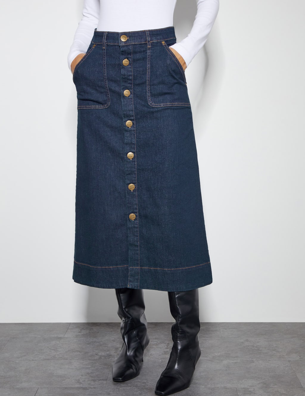 Denim Button Front Midi A-Line Skirt