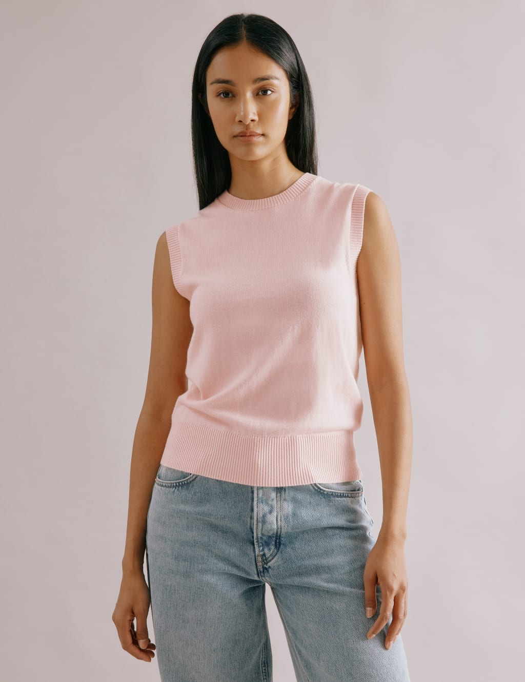 Cotton Blend Crew Neck Knitted Vest with Wool