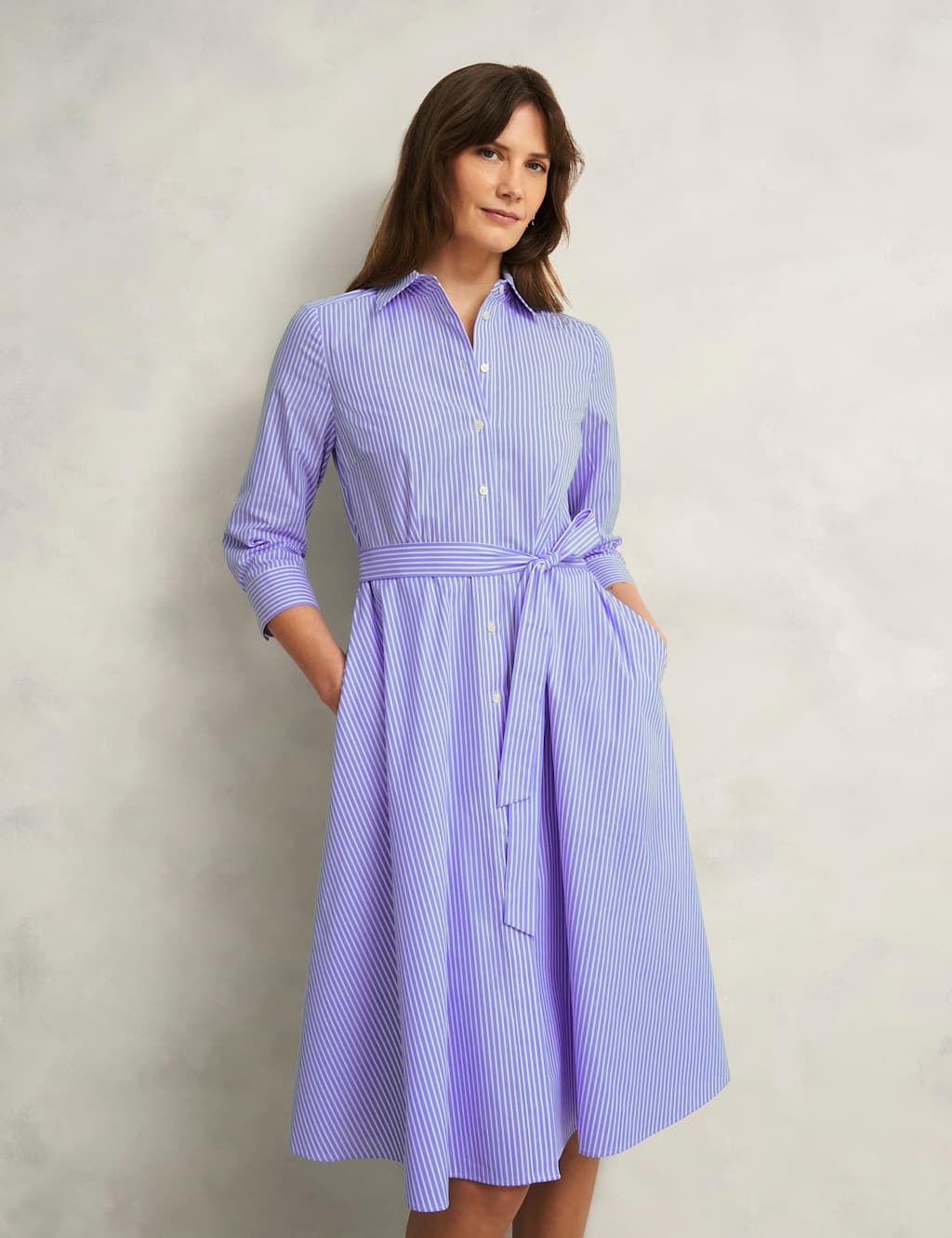 Cotton Rich Striped Tie Waist Shirt Dress