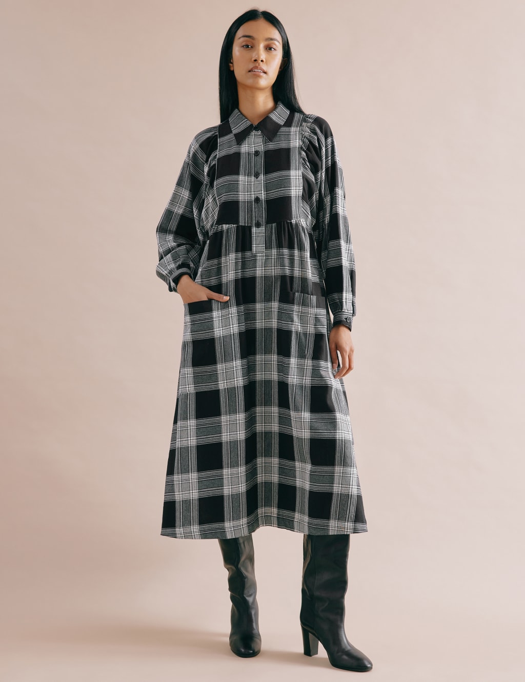 Pure Cotton Checked Midi Shirt Dress