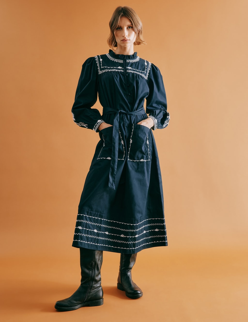 Pure Cotton Embroidered Midi Smock Dress