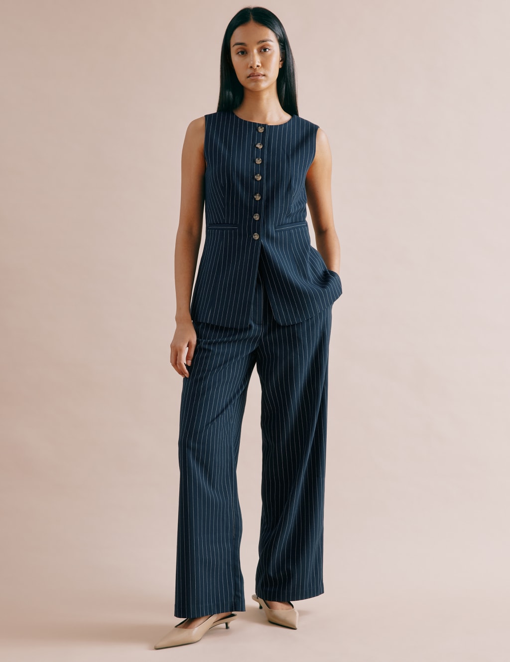 Pinstripe Pleat Front Wide Leg Trousers