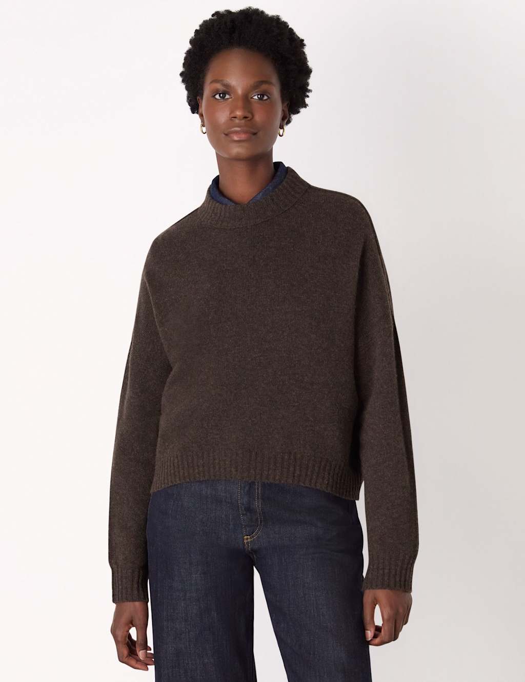 Whistles Pure Wool Crew Neck Cropped Jumper Brown