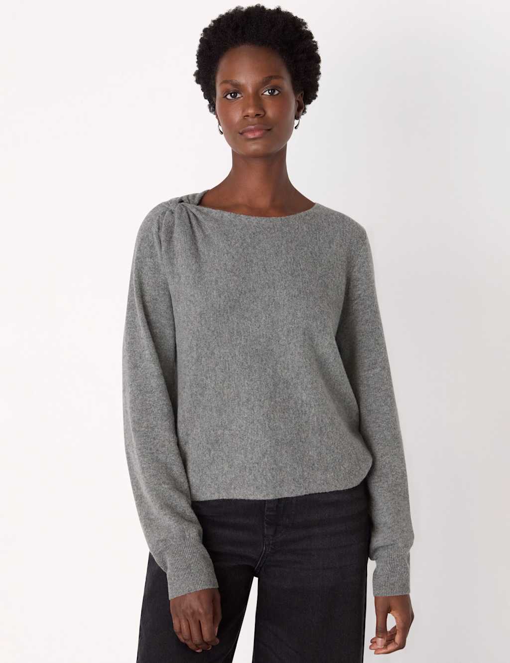 Whistles Pure Wool Textured Slash Neck Jumper Grey