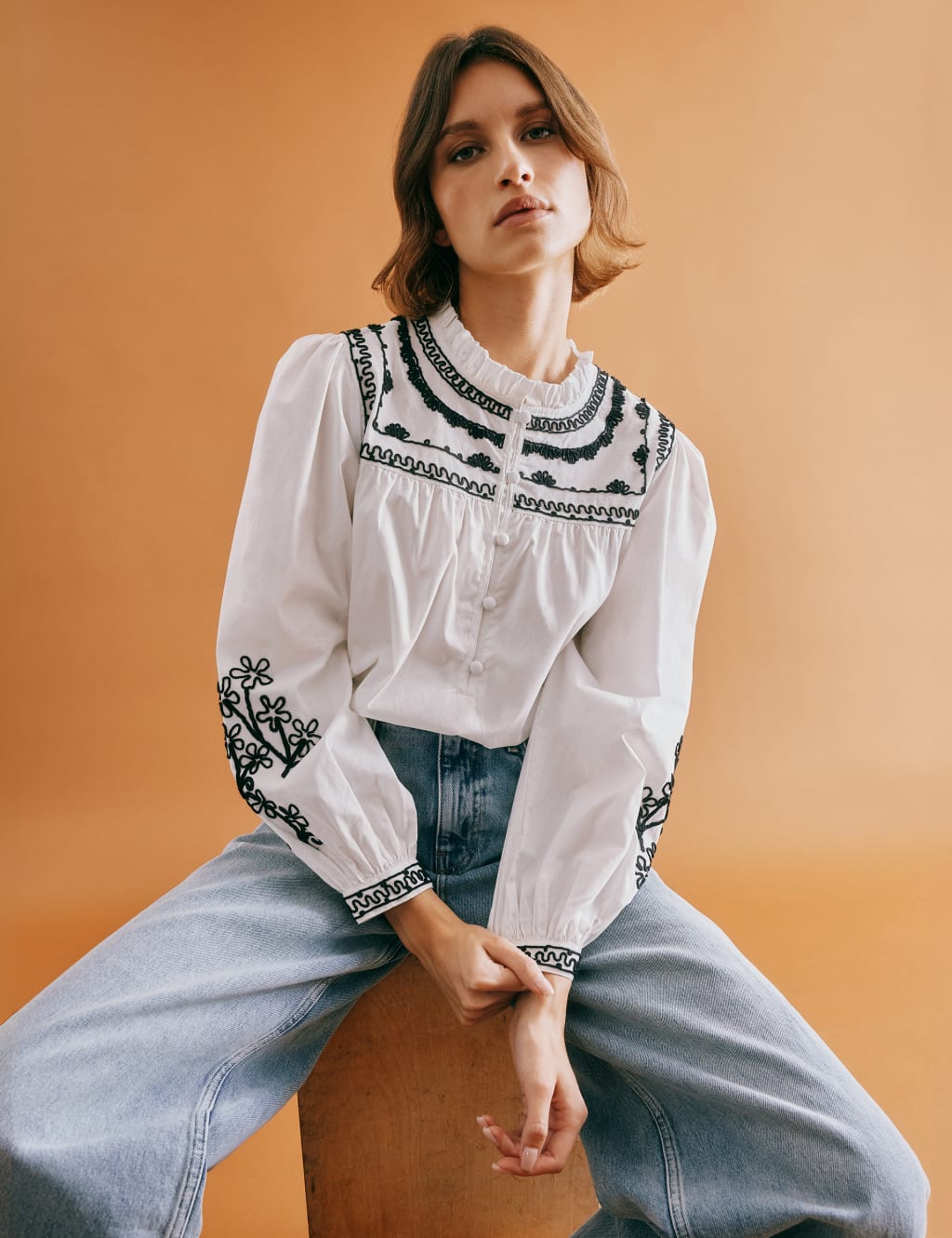 Pure Cotton Embroidered Crew Neck Blouse