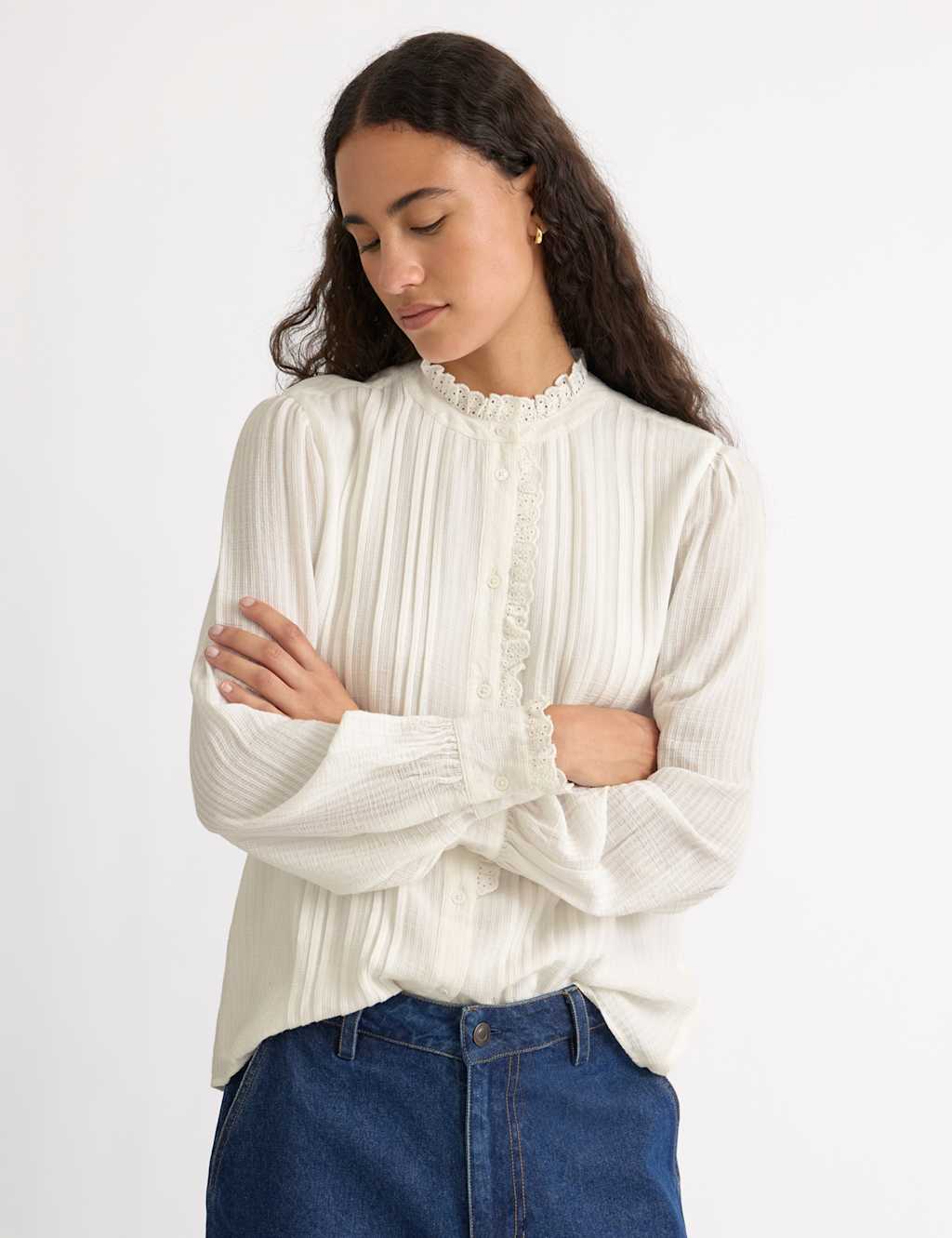 Albaray Women's Modal Cotton Blend Lace Trim Pintuck Blouse - 8 - Cream - Available at M&S