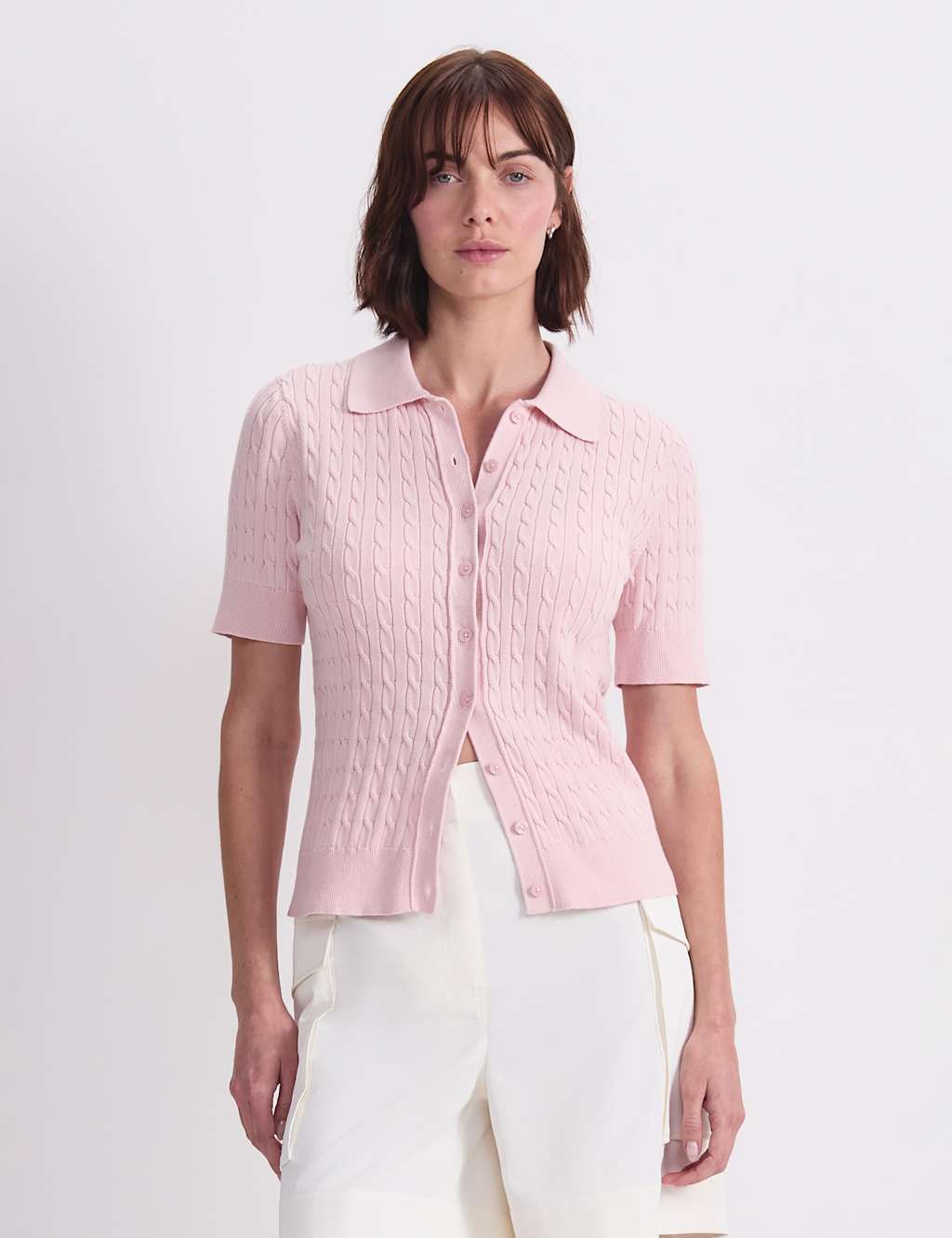 Sportscraft Women's Pure Cotton Short Sleeve Cable Knitted Top - Small - Pink - Available at M&S