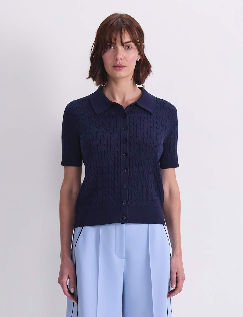 Sportscraft Women's Pure Cotton Short Sleeve Cable Knitted Top - Small - Navy - Available at M&S