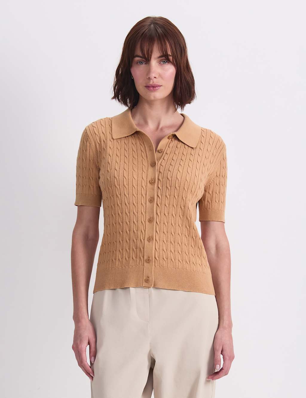Sportscraft Women's Pure Cotton Short Sleeve Cable Knitted Top - Small - Neutral - Available at M&S