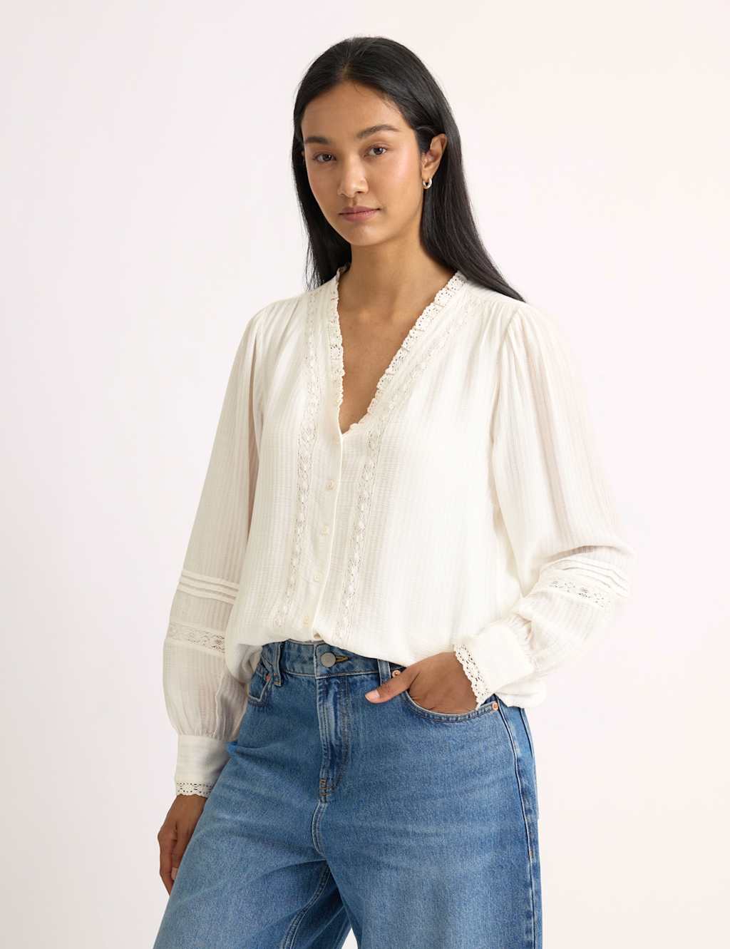 Albaray Women's Modal Cotton Blend Lace Trim V Neck Blouse - 14 - Cream - Available at M&S