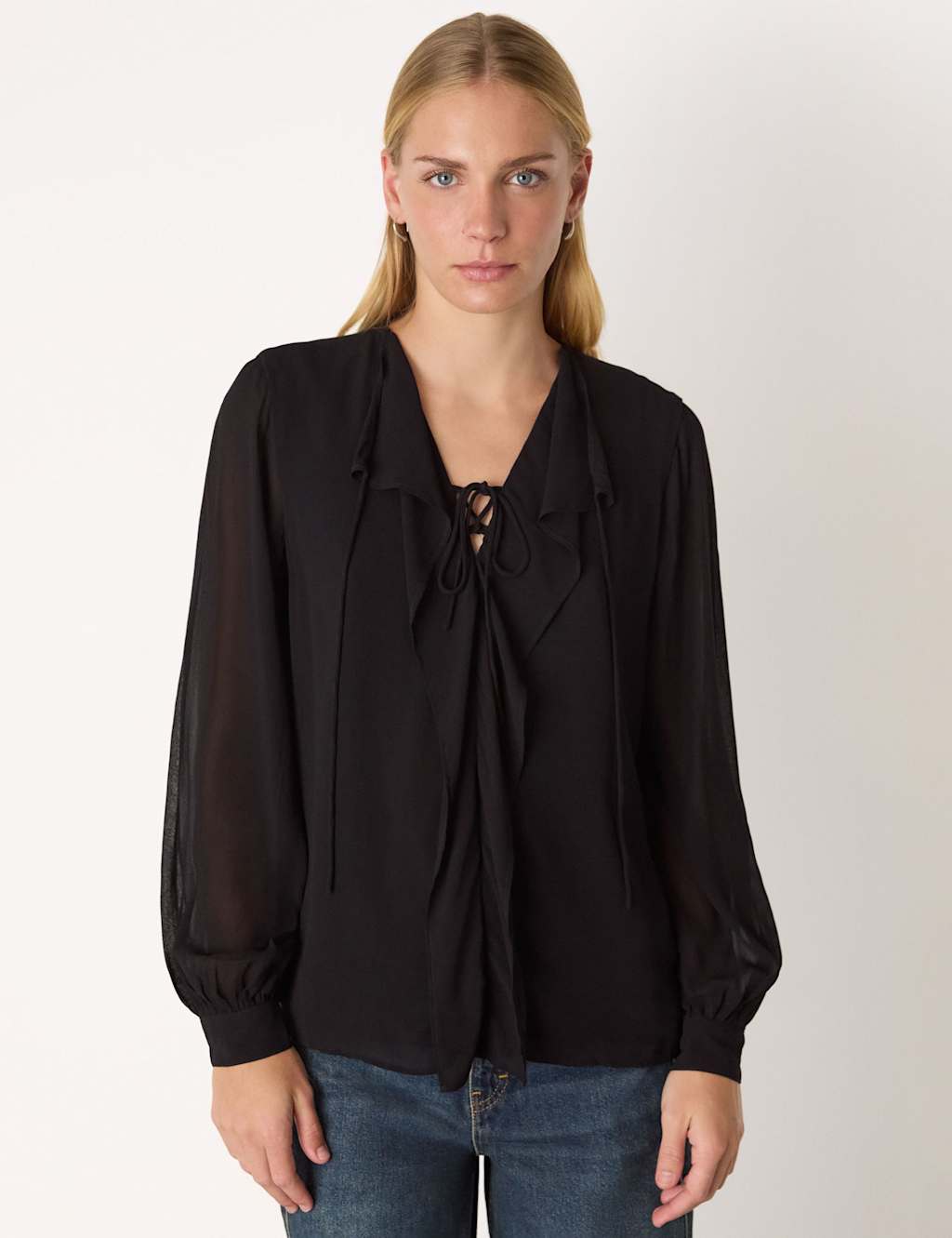 Whistles Women's Sheer V-Neck Frill Neck Blouse - 8 - Black - Available at M&S