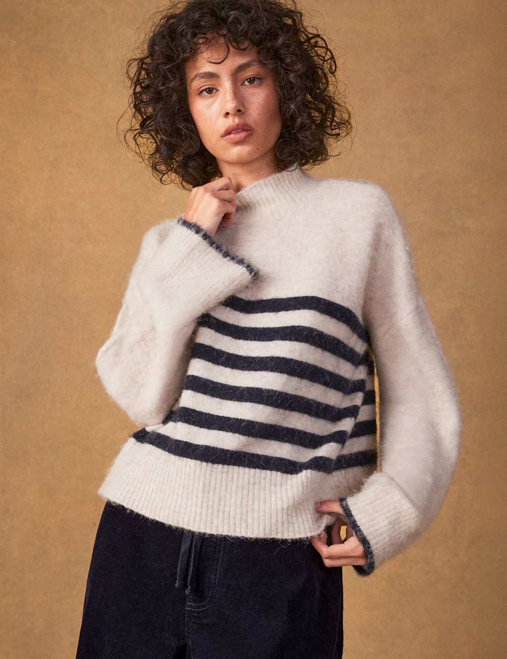 Ro&Zo Women's Alpaca Blend Fluffy Striped Relaxed Jumper - Small - Ivory Mix - Available at M&S