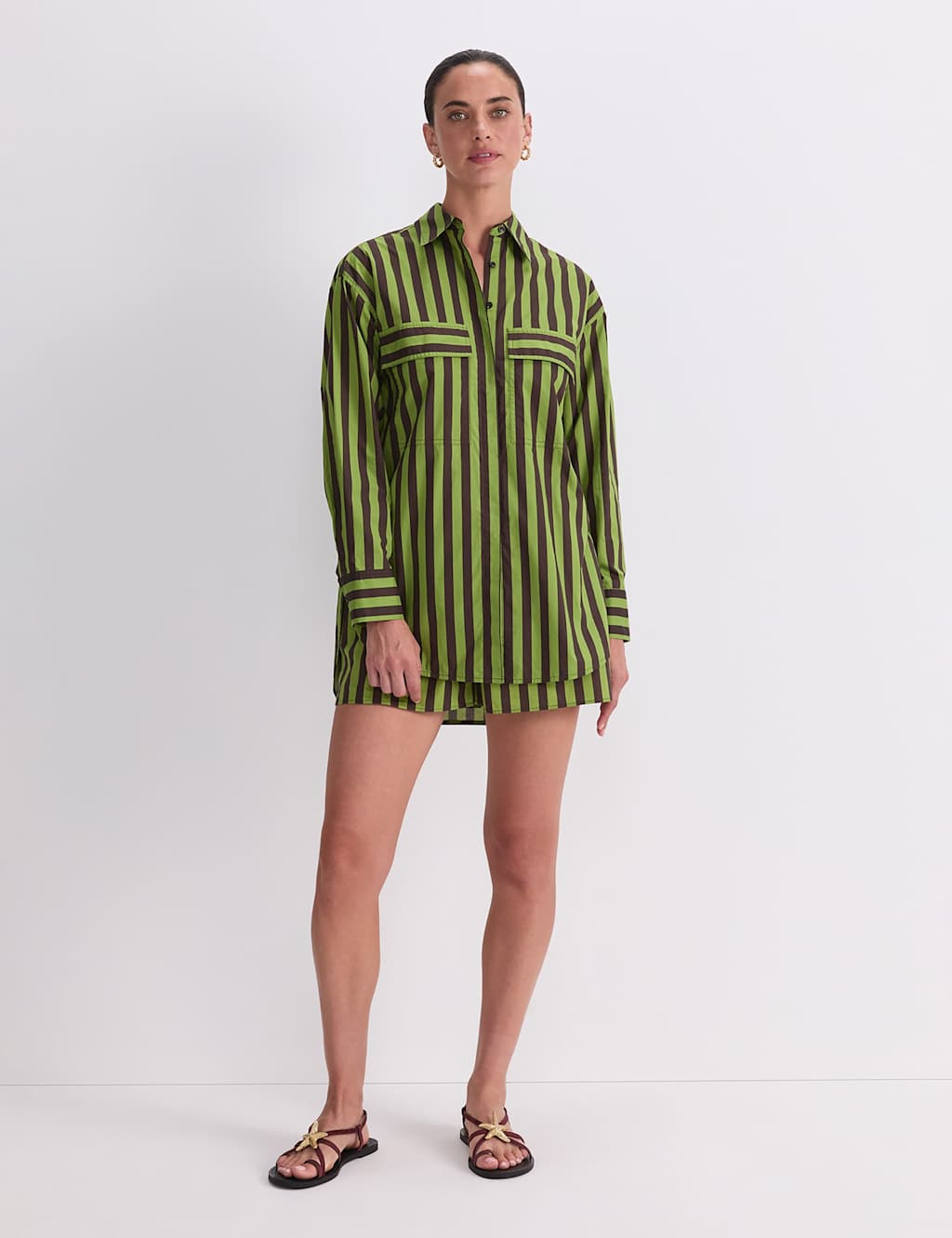 Sportscraft Women's Pure Cotton Striped Shirt - 10 - Green Mix - Available at M&S