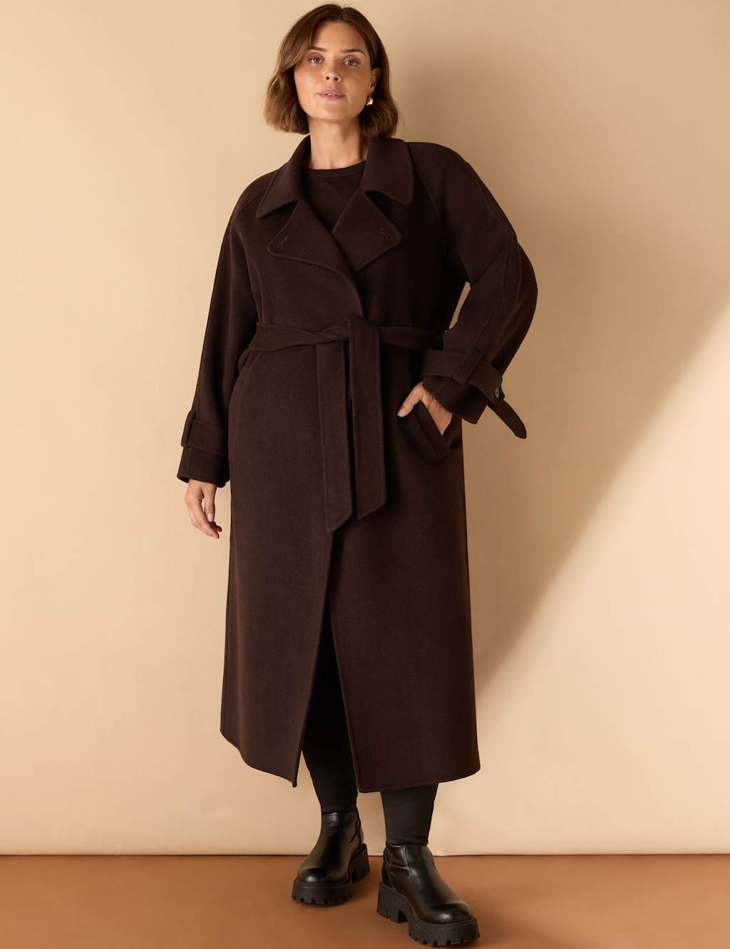 Live Unlimited London Wool Blend Belted Wrap Coat Chocolate