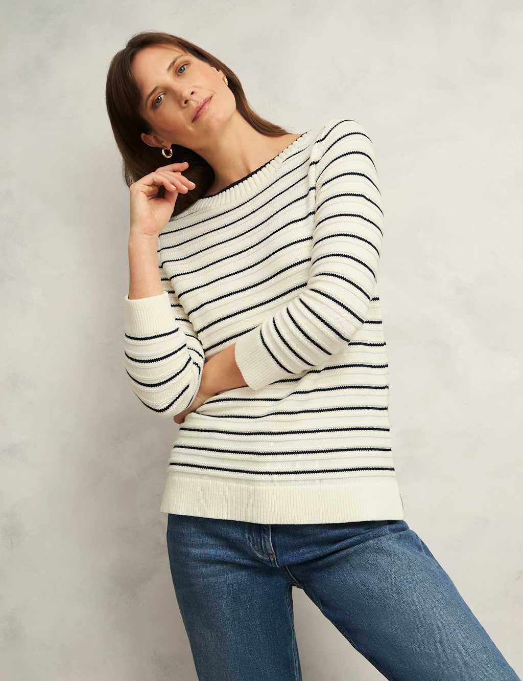 Pure Cotton Striped Slash Neck Jumper