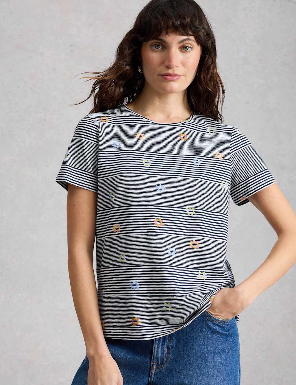 White Stuff Women's Pure Cotton Striped T-Shirt - 8 - Navy Mix - Available at M&S