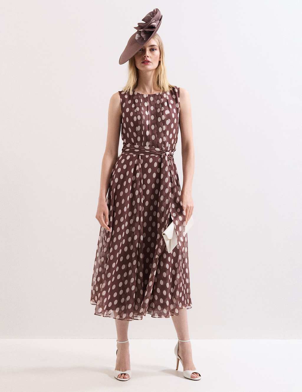 Phase Eight Women's Spot Print Bow Detail Midi Skater Dress - 10 - Brown Mix - Available at M&S