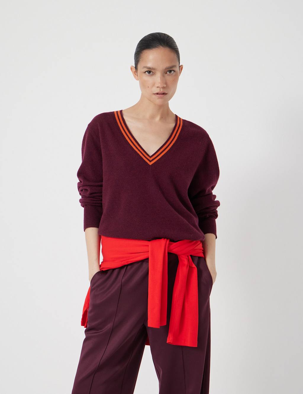 HUSH Pure Merino Wool V-Neck Tipped Detail Jumper Burgundy Mix