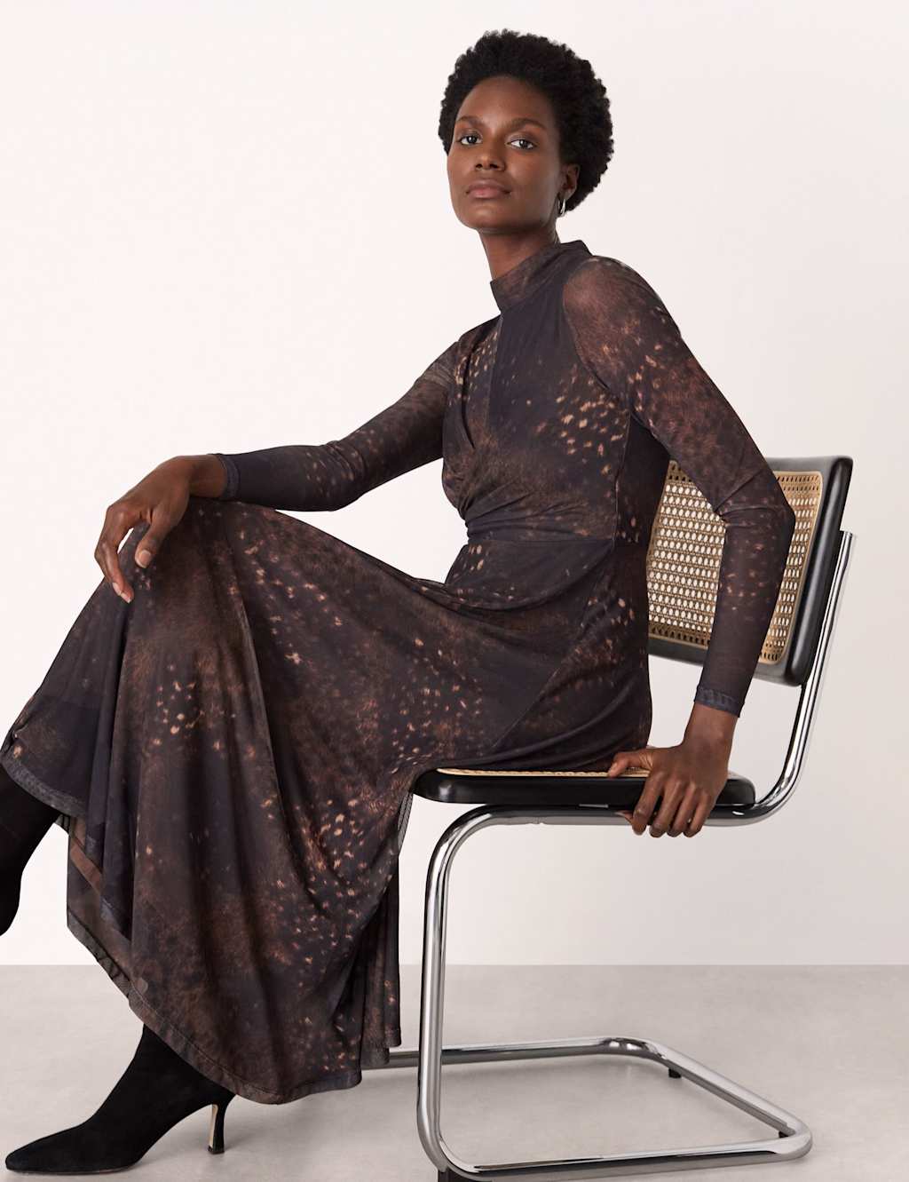 Whistles Women's Mesh Animal Print High Neck Midi Skater Dress - 14 - Brown Mix - Available at M&S