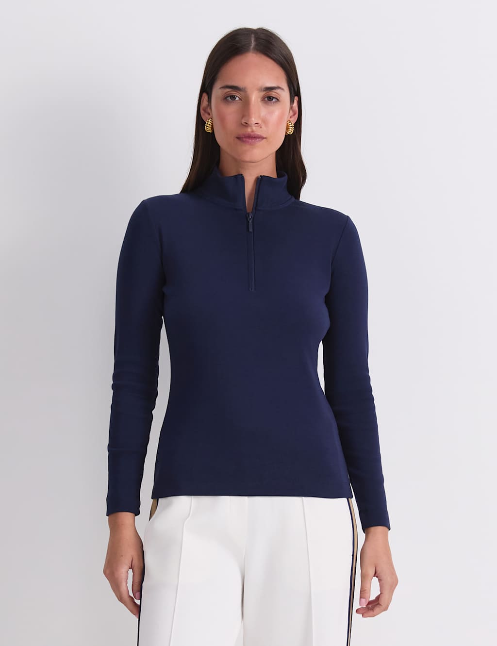 Sportscraft Women's Pure Cotton Funnel Neck Quarter Zip Top - Extra Small - Navy - Available at M&S