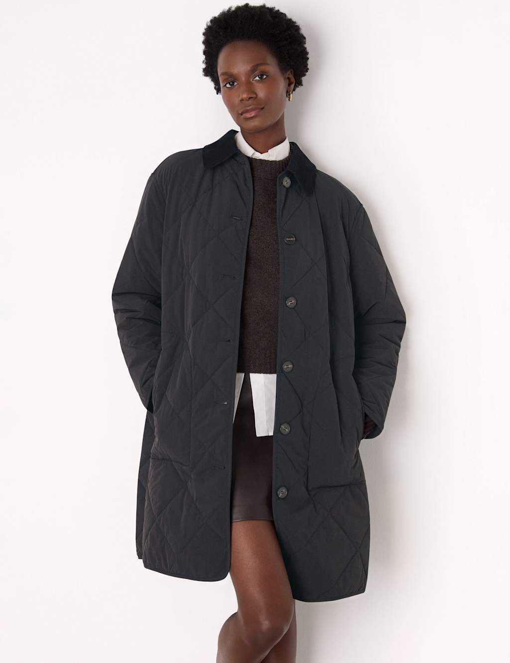 Whistles Cord Collar Relaxed Quilted Coat Black
