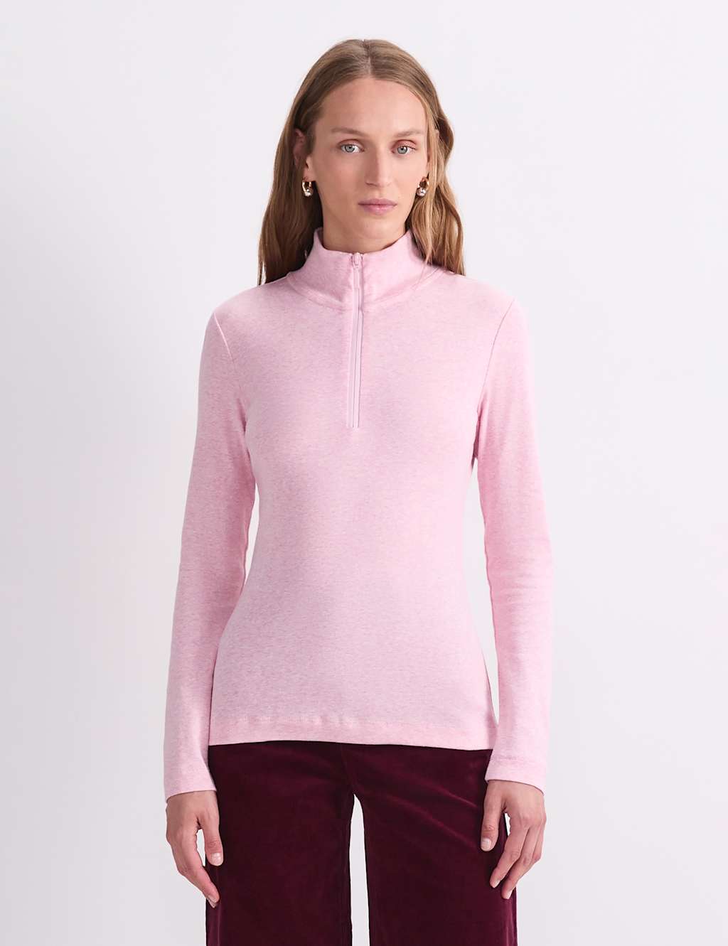 Sportscraft Women's Pure Cotton Zip Funnel Neck Top - Small - Pink - Available at M&S