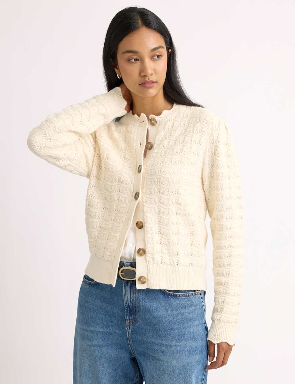 Albaray Women's Cotton Rich Pointelle Puff Sleeve Cardigan - 12 - Cream - Available at M&S