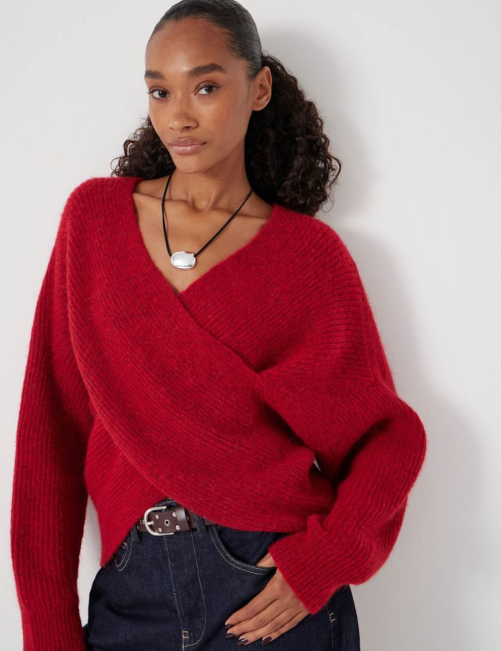HUSH Wool Blend Ribbed Cross Front Jumper Red