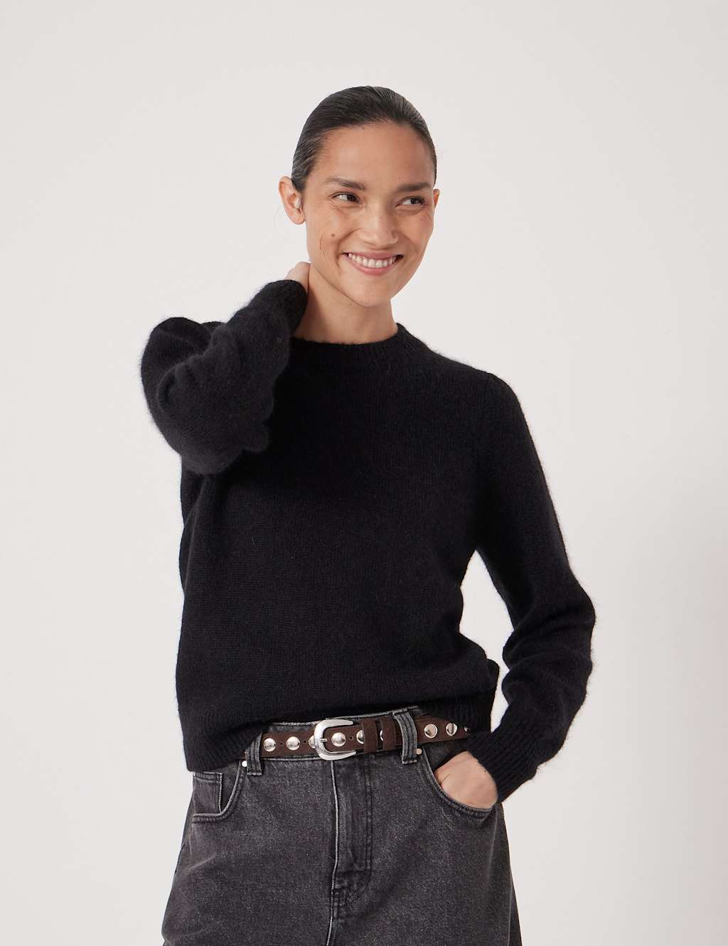 HUSH Alpaca Blend Crew Neck Puff Shoulder Jumper Black