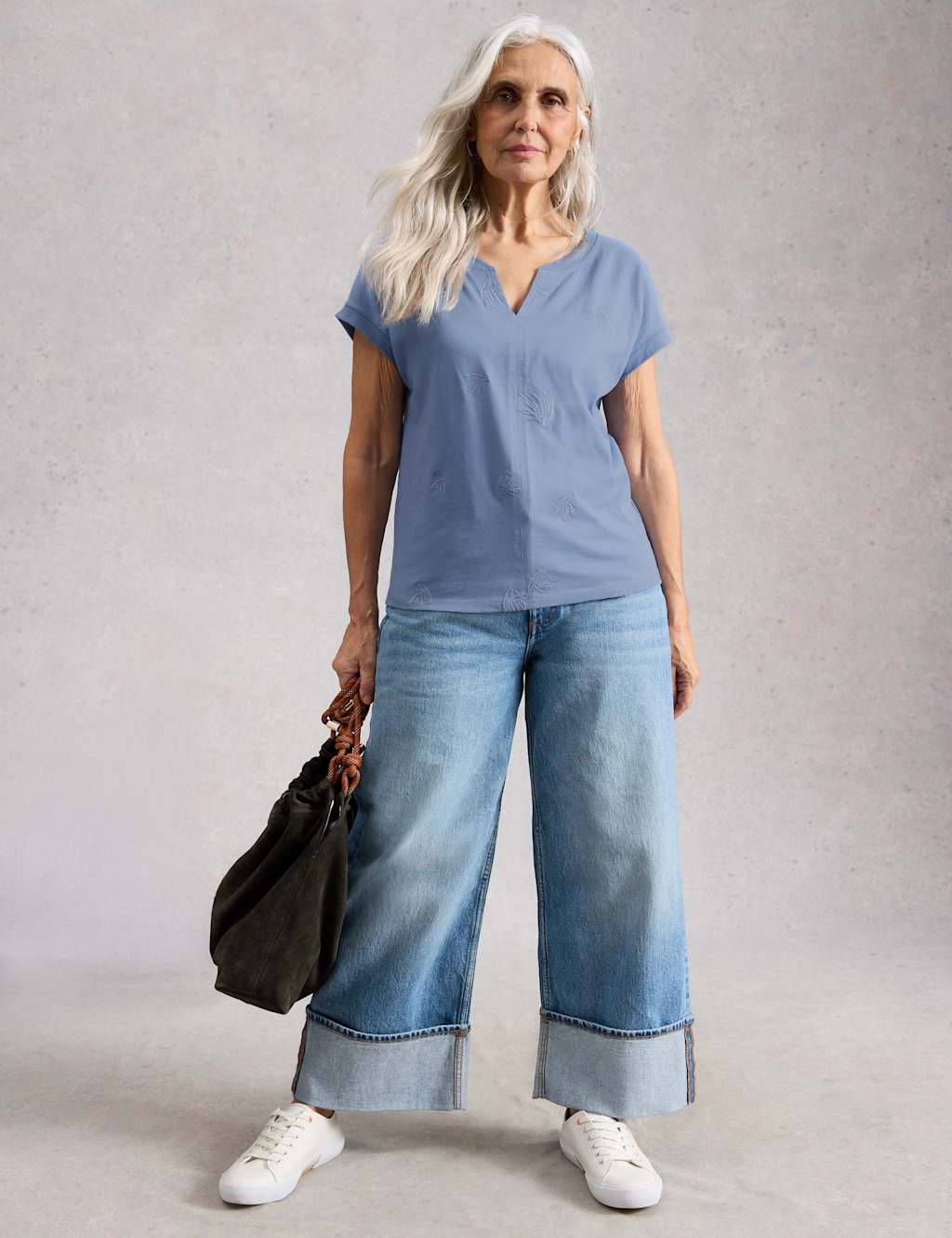 White Stuff Women's Embroidered Notch Neck T-Shirt - 8 - Blue - Available at M&S