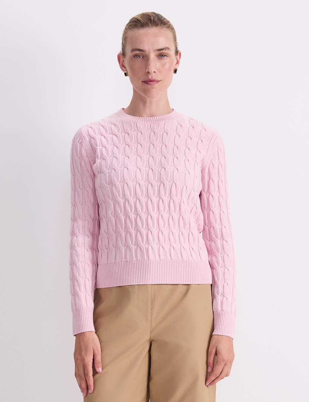 Sportscraft Women's Pure Merino Wool Cable Knit Crew Neck Jumper - Medium - Pink - Available at M&S