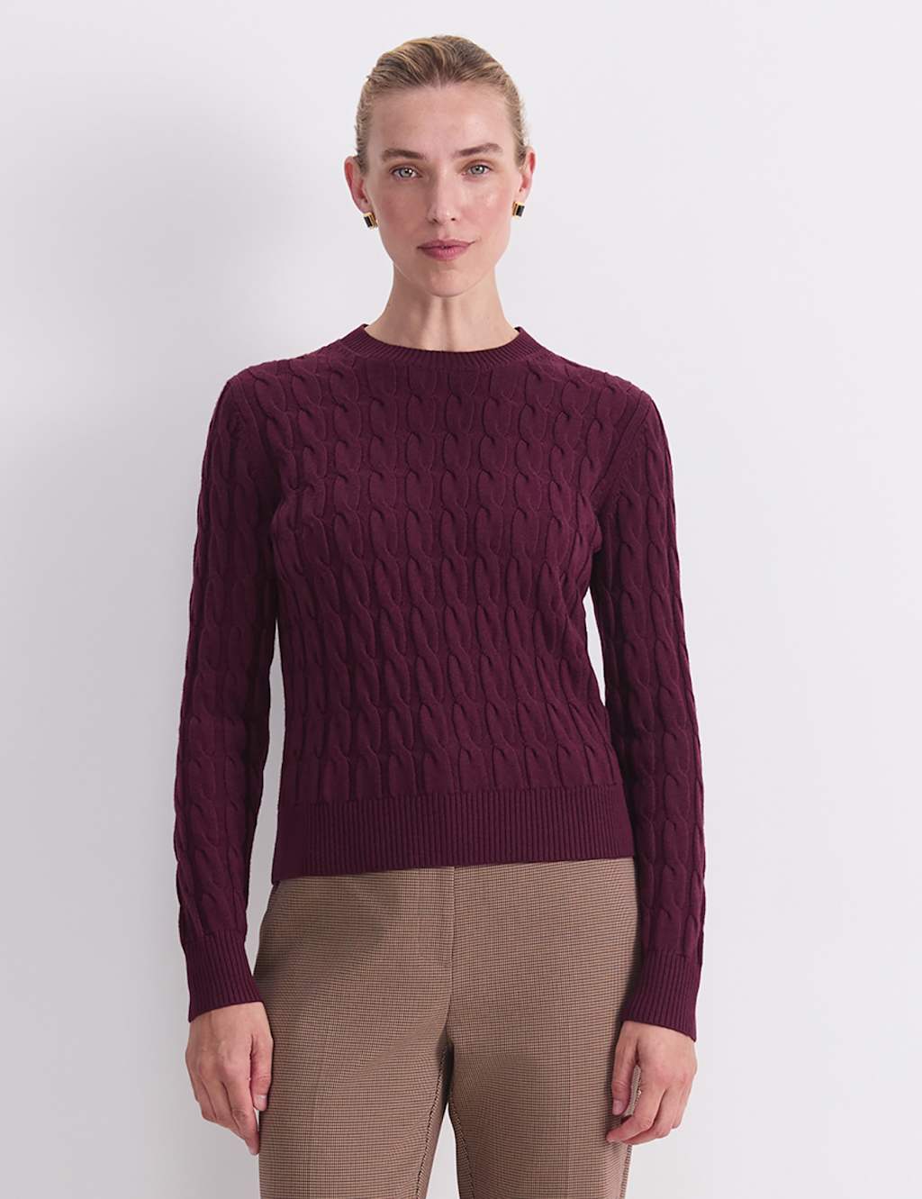 Sportscraft Women's Pure Merino Wool Cable Knit Crew Neck Jumper - Small - Purple - Available at M&S