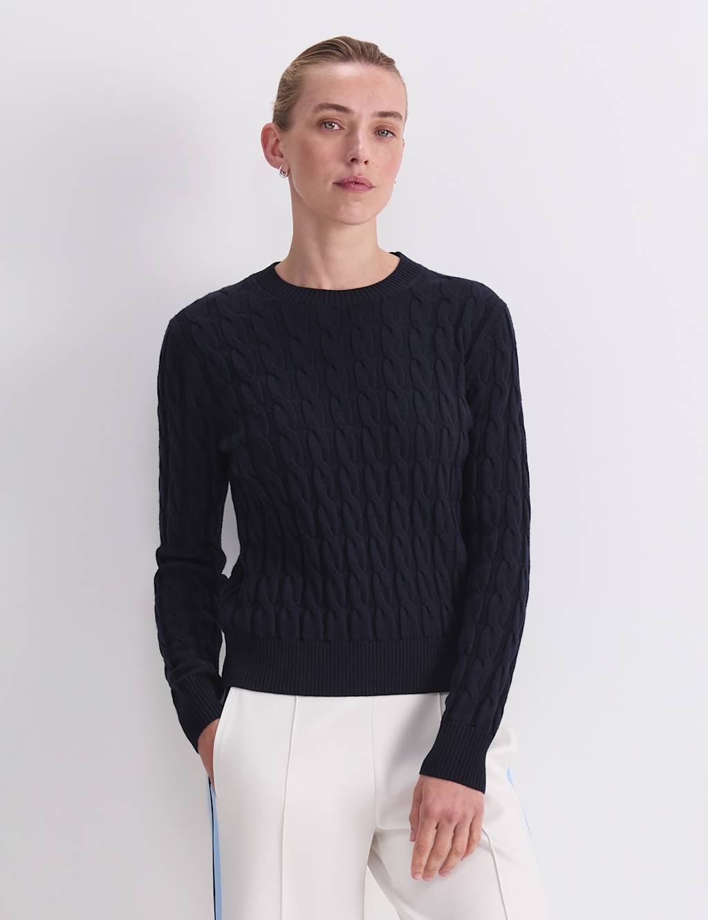 Sportscraft Women's Pure Merino Wool Cable Knit Crew Neck Jumper - Small - Navy - Available at M&S