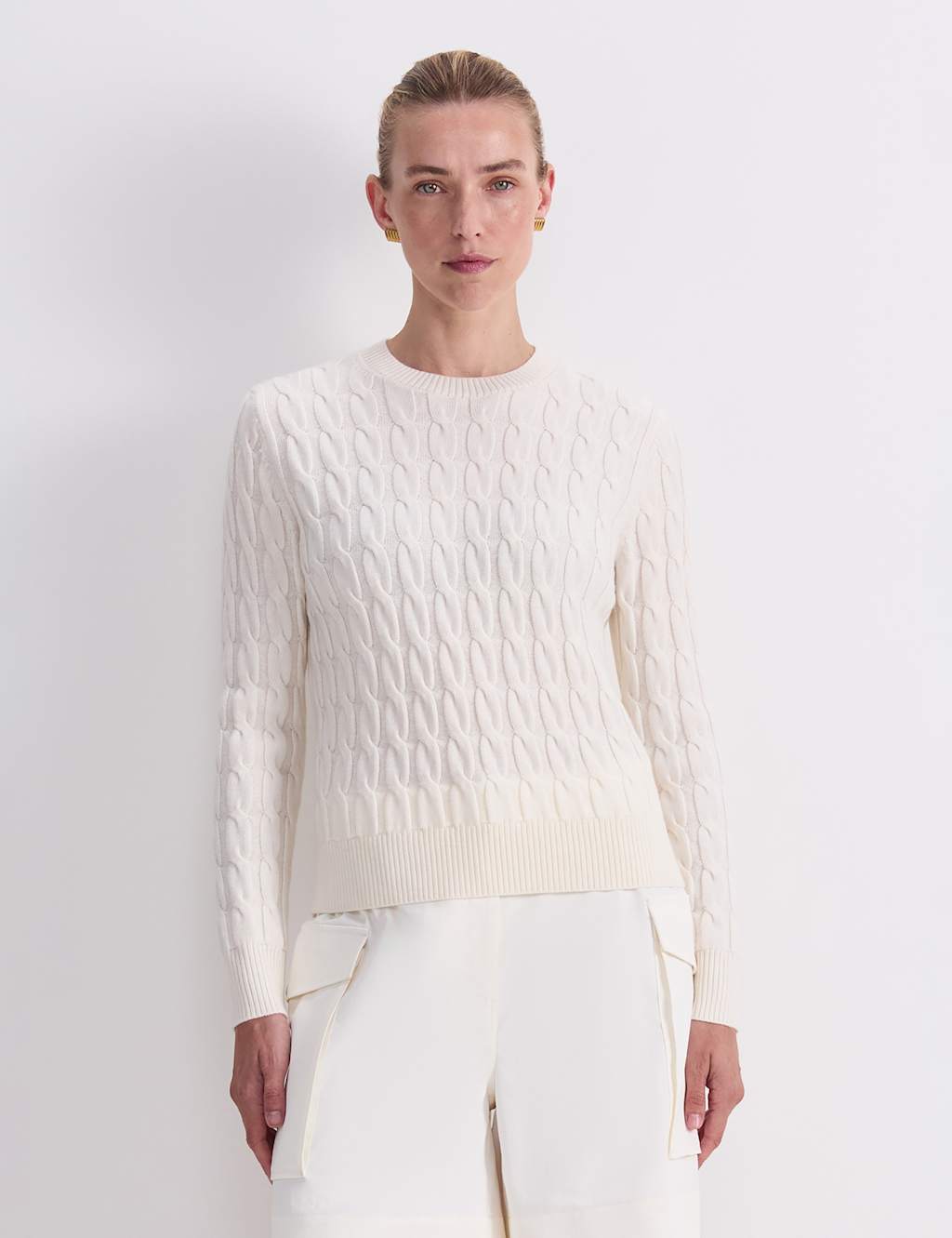 Sportscraft Women's Pure Merino Wool Cable Knit Crew Neck Jumper - Small - White - Available at M&S
