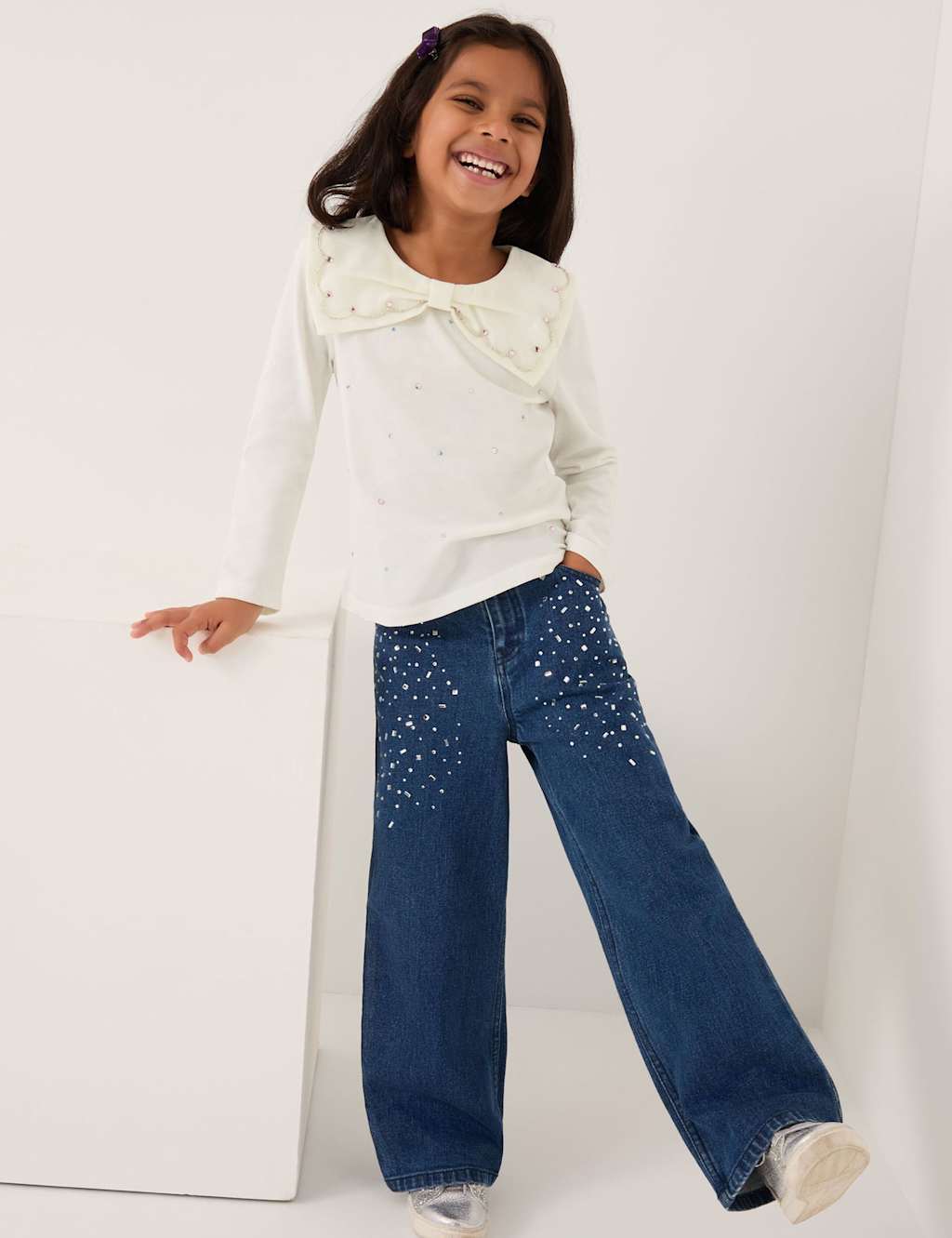 Monsoon Pure Cotton Bow Collar Rhinestone Top (3-15 Yrs) Blue Mix