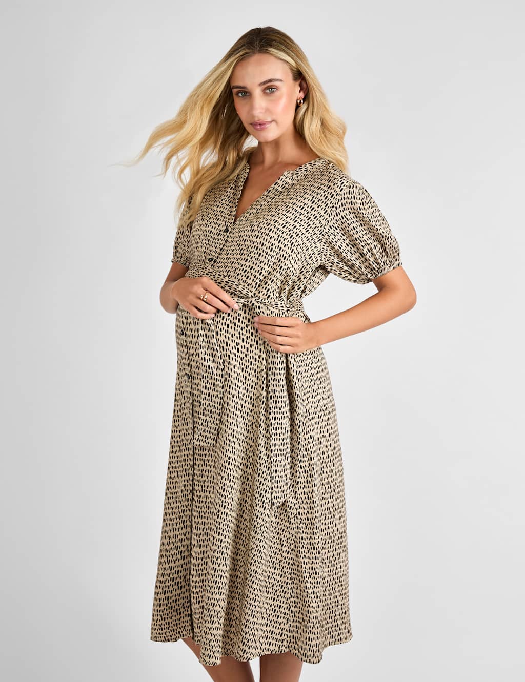 Maternity Printed Belted Midi Shirt Dress