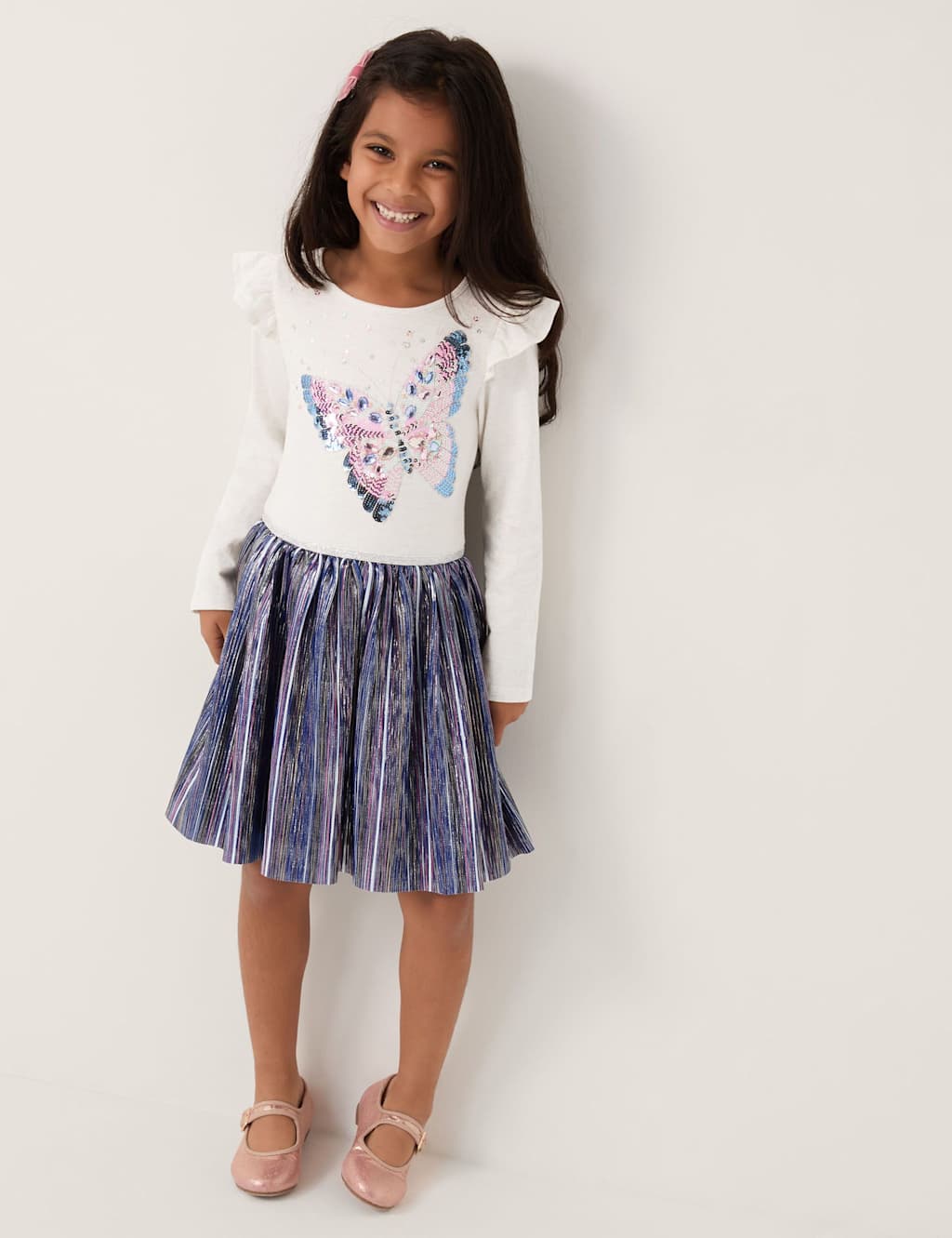 Monsoon Cotton Rich Butterfly Sequin Disco Dress (3-13 Yrs) Ivory Mix